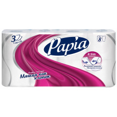 Туалетная бумага Papia (Папия), цвет белый, 3-х слойная, 8 рулонов